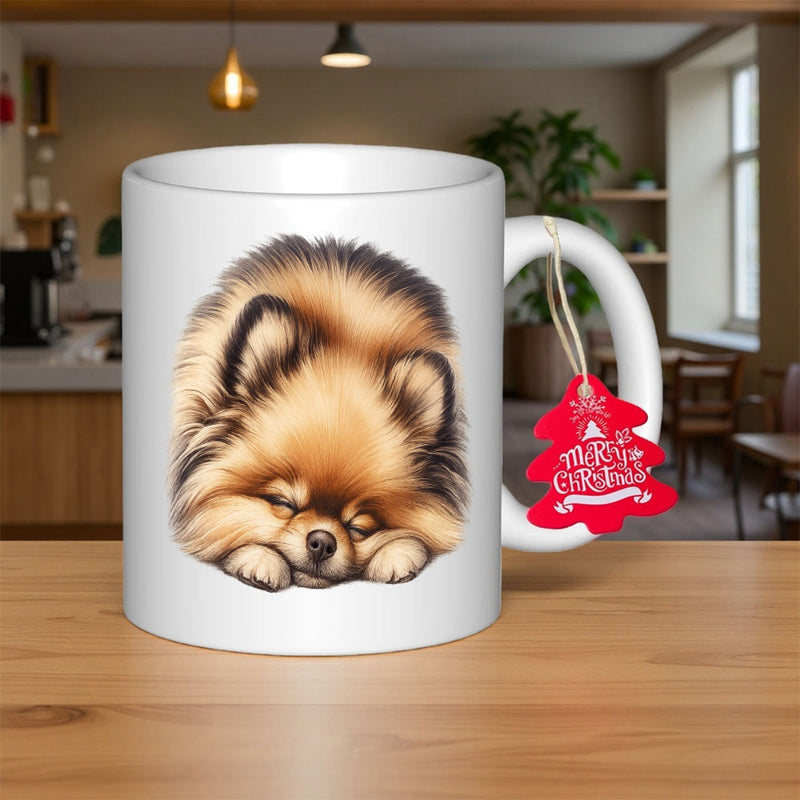 Tailorly White Ceramic 11 oz Mug - Merry Christmas Adorable Fluffy Brown Sleeping Puppy Resting Peacefully On White Ceramic Pomeranian