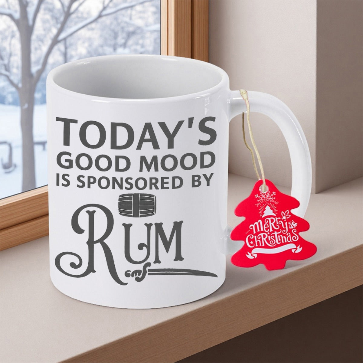 Tailorly White Ceramic 11 oz Mug - Todays Good Mood Is Sponsored By Rum Bold Typography Featuring A Classic Barrel Graphic And Underlining Sign