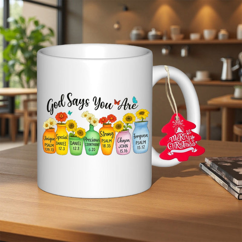 Tailorly White Ceramic 11 oz Mug - God Says You Are Seven Colorful Vases Holding Bright Sunflowers Under Flying Butterflies Among Blossoms Vases