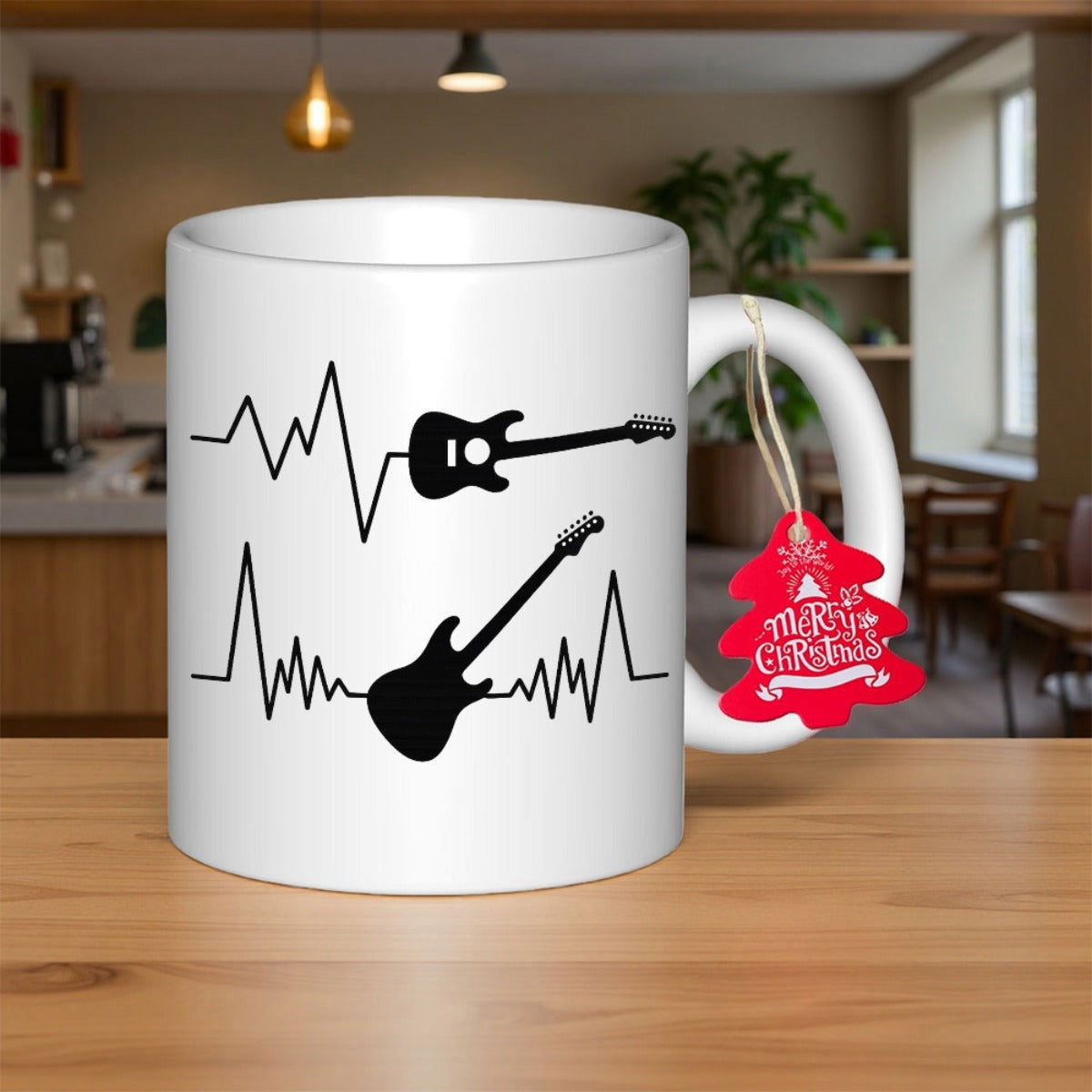 Tailorly White Ceramic 11 oz Mug - Musical Heartbeat Lines Rhythm With Silhouette Of Electric Rock Style Guitar