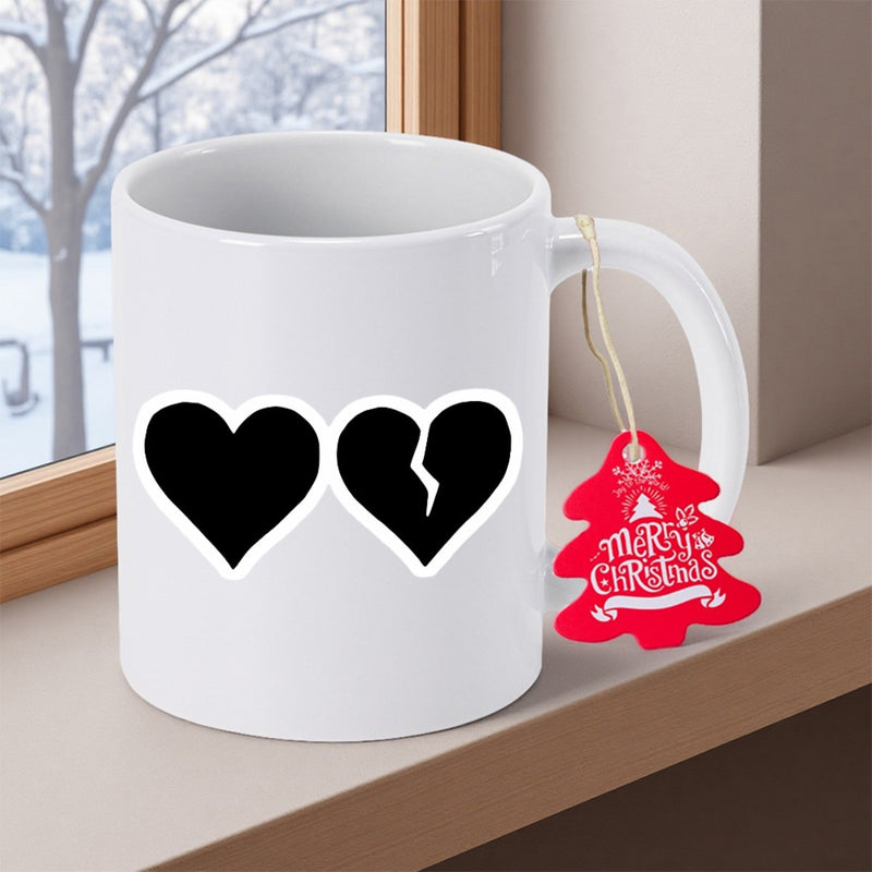 Tailorly White Ceramic 11 oz Mug - Merry Christmas Minimalist Solid And Cracked Black Symmetrical Shapes On Ceramic Background Hearts
