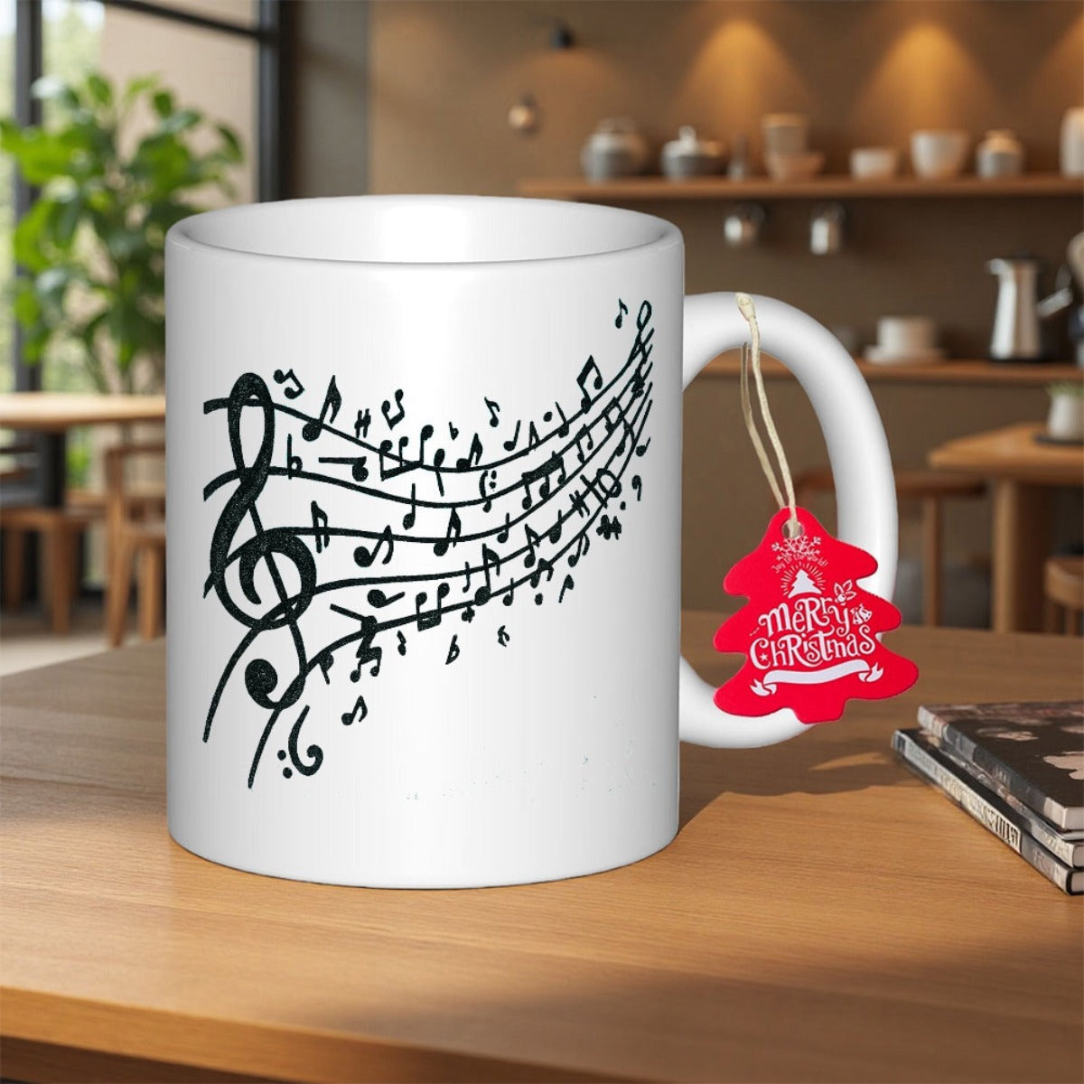 Tailorly White Ceramic 11 oz Mug - Merry Christmas Flowing Black Treble Clef And Rhythmic Notes Dancing Across Lines Musical Staff