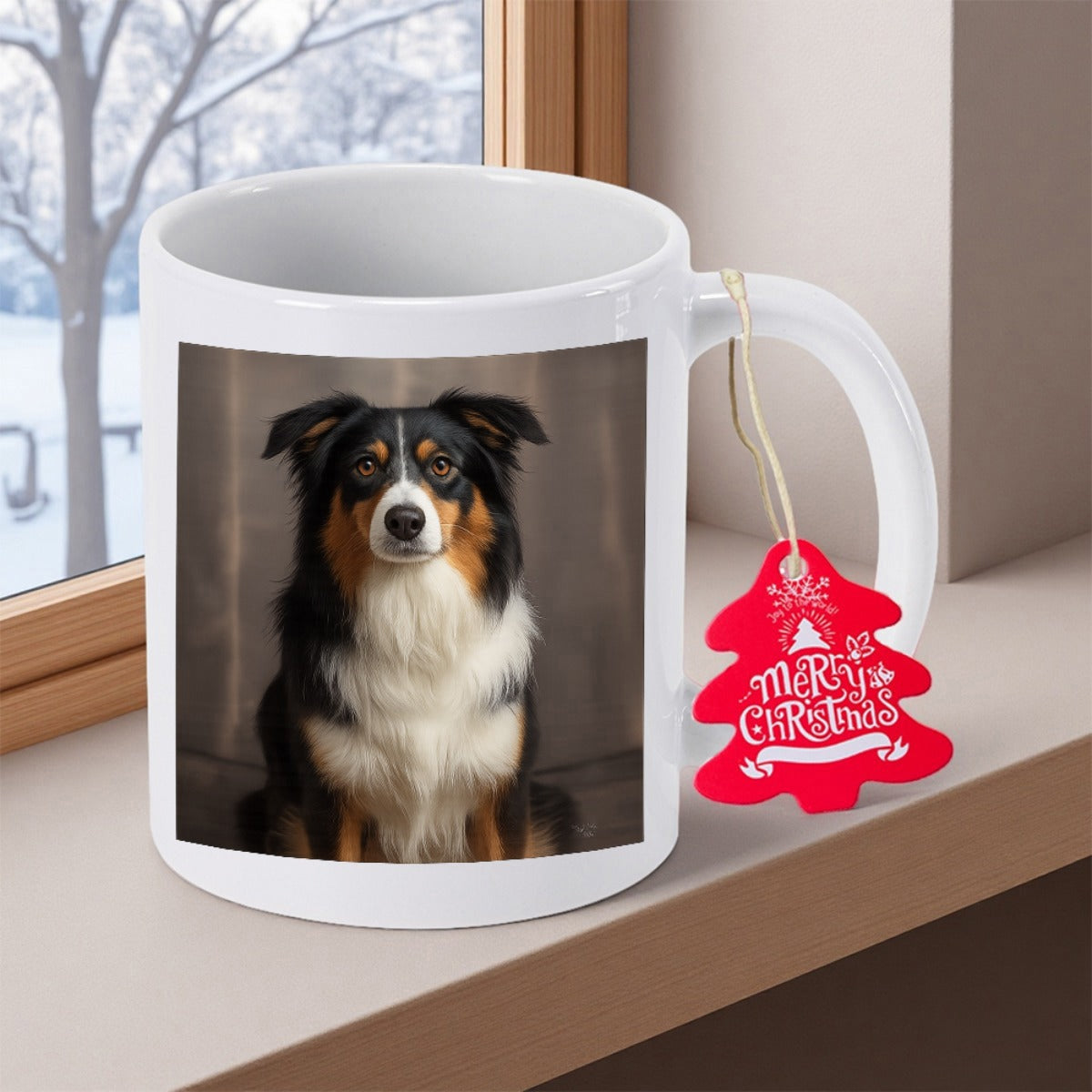 Tailorly White Ceramic 11 oz Mug - Merry Christmas Faithful Australian Shepherd Sitting Calmly With Soft Fur Under Subtle Light Dog