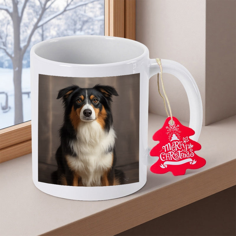 Tailorly White Ceramic 11 oz Mug - Merry Christmas Faithful Australian Shepherd Sitting Calmly With Soft Fur Under Subtle Light Dog