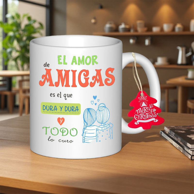 Tailorly White Ceramic 11 oz Mug - Merry Christmas Minimalist Sketch Of Two Best Friends Sitting Together With Small Blue Hearts Mug