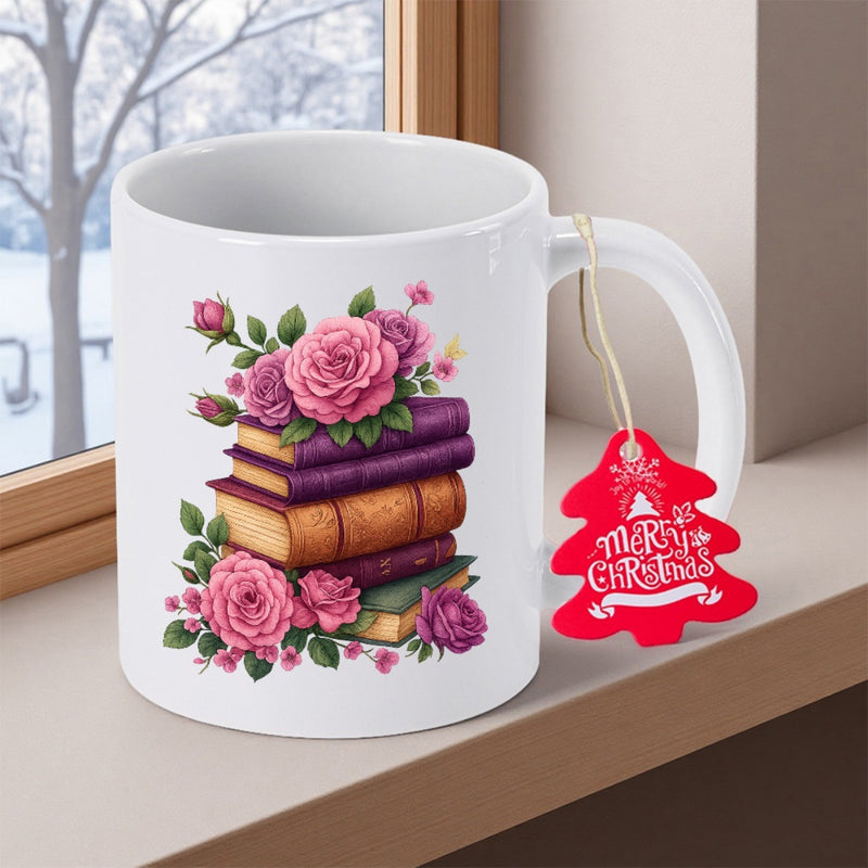 Tailorly White Ceramic 11 oz Mug - Merry Christmas Elegant Pink Roses Blooming Over A Stack Of Vintage Books