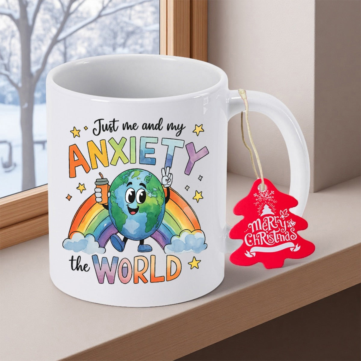 Tailorly White Ceramic 11 oz Mug - Just Me And My Anxiety The World Smiling Cartoon Character Holding Coffee Cup In Front Of Rainbow Earth