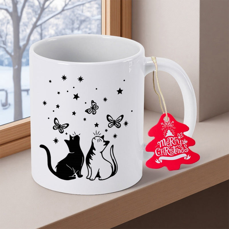 Tailorly White Ceramic 11 oz Mug - Whimsical Pair Of Cats Watching Butterflies Under Twinkling Little Stars Cat