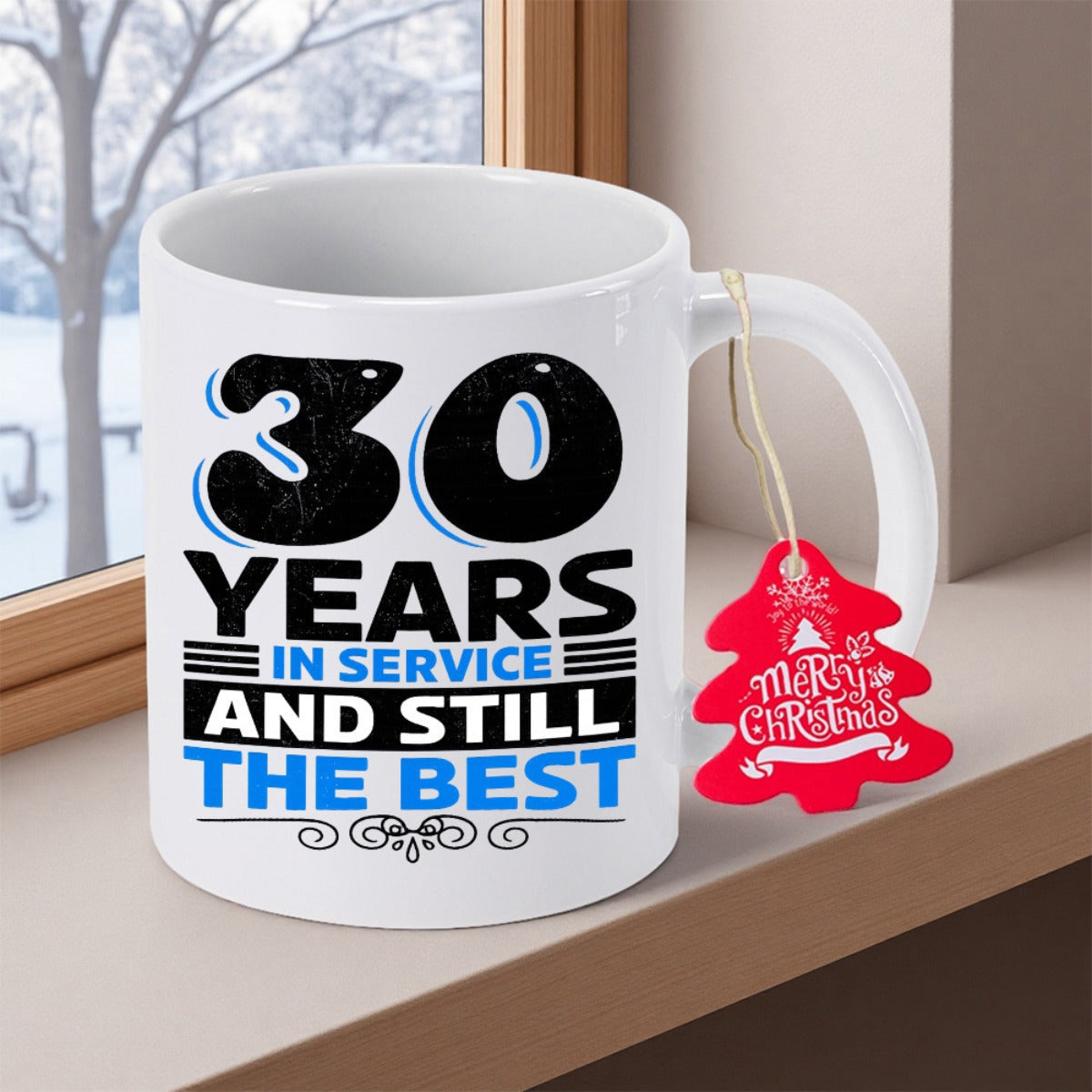 Tailorly White Ceramic 11 oz Mug - 30 Years In Service And Still The Best Bold Black And Blue Typography Celebrating Three Decades Professional Achievement Mug