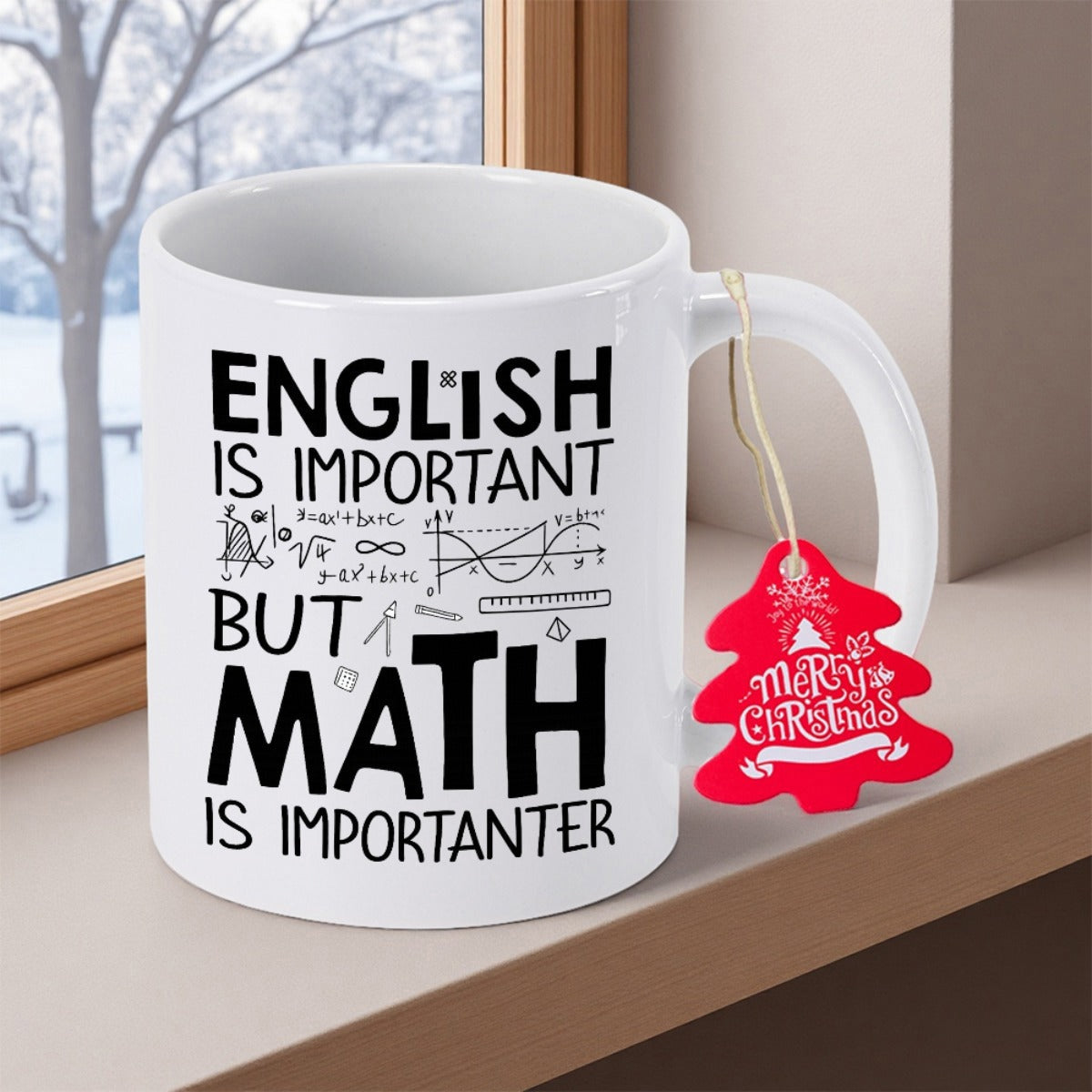 Tailorly White Ceramic 11 oz Mug - English Is Important But Math Is Importanter Mathematical Symbols And Scientific Formulas Displayed Across A Minimalist