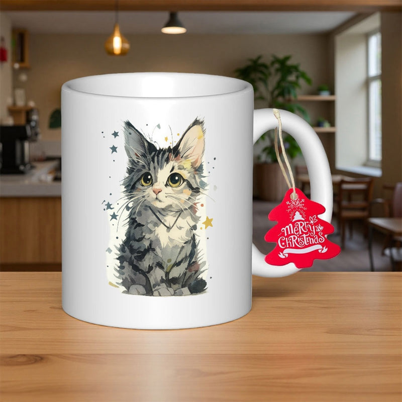 Tailorly White Ceramic 11 oz Mug - Merry Christmas Adorable Fluffy Striped Kitten Sitting Among Twinkling Golden And Dark Stars Cat