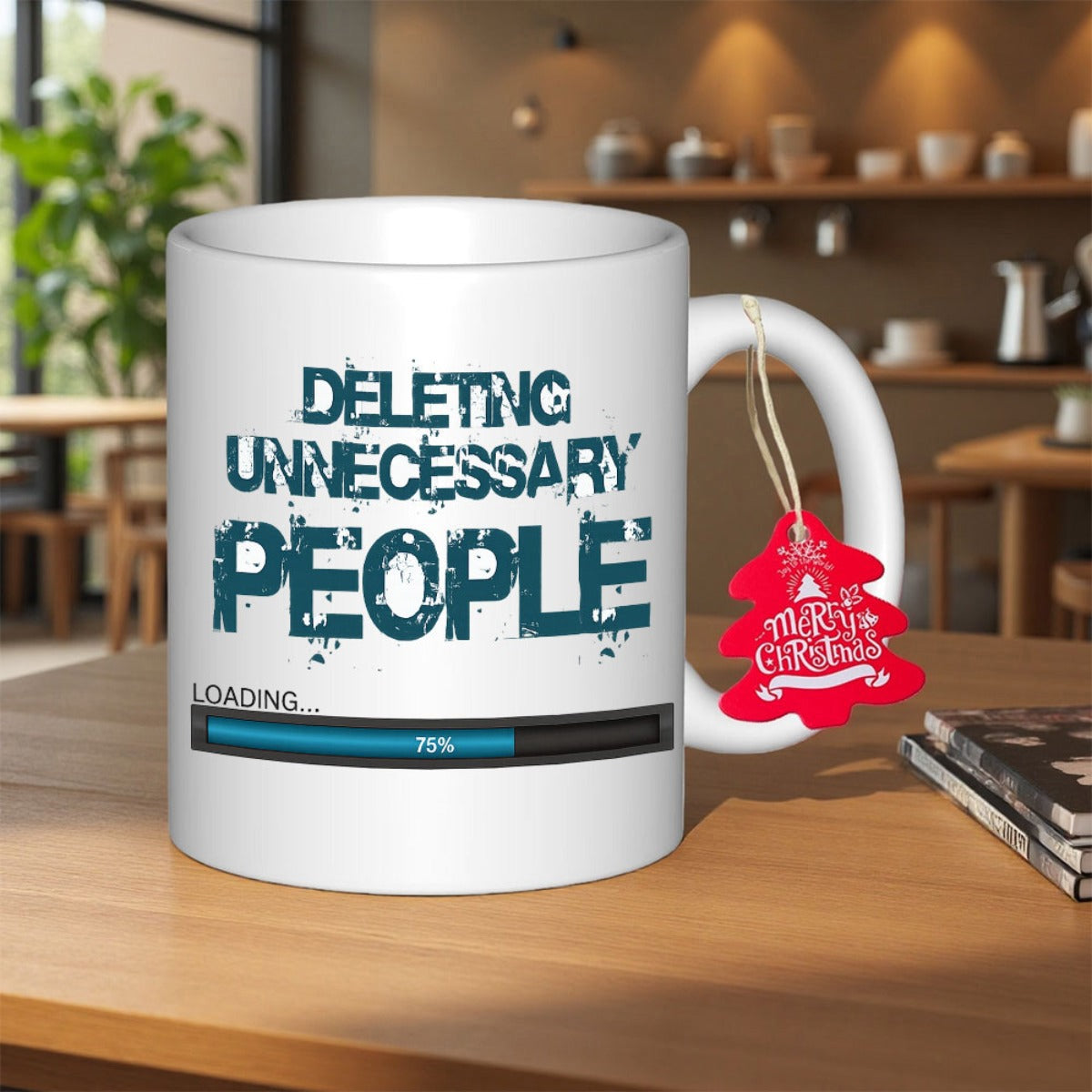 Tailorly White Ceramic 11 oz Mug - Deleting Unnecessary People Loading Digital Progress Bar Within Distressed Bold Text Featuring Artistic Grunge Typography Mug