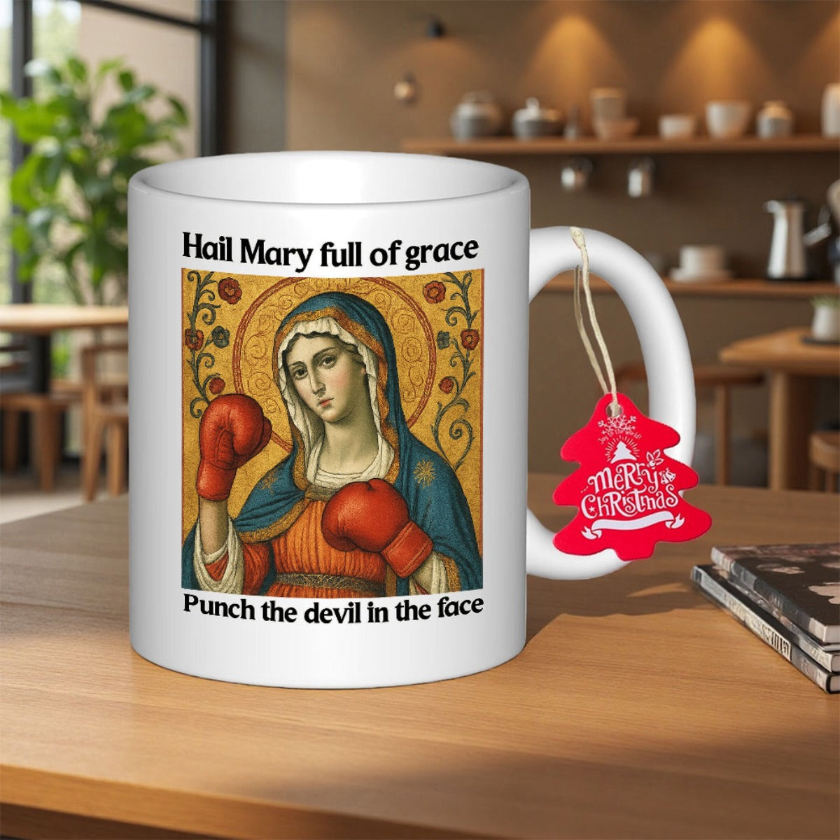 Tailorly White Ceramic 11 oz Mug - Hail Mary Full Of Grace Punch The Devil In The Face Iconic Religious Figure Wearing Red Boxing Gloves Ready To Fight Evil Mug