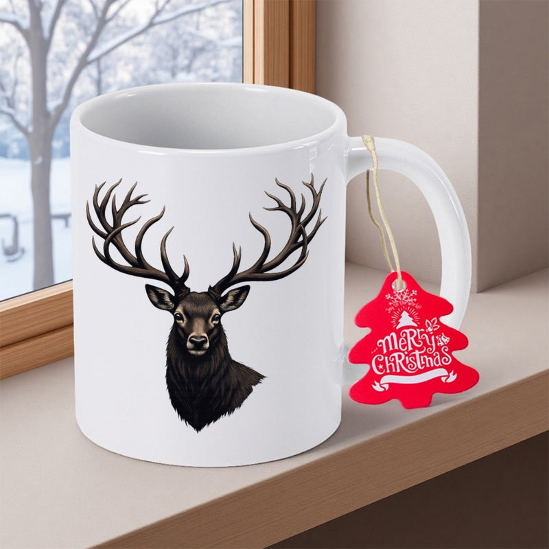 Tailorly White Ceramic 11 oz Mug - Majestic Wild Forest Stag With Large Intricate Dark Branched Antlers Deer