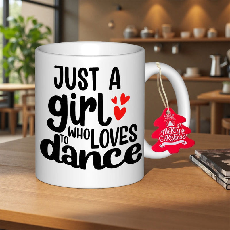 Tailorly White Ceramic 11 oz Mug - Just A Girl Who Loves Dance Minimalist Red Hearts Floating Beside Playful Artistic Typography Heart