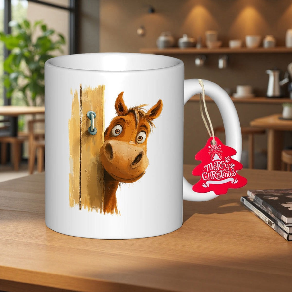 Tailorly White Ceramic 11 oz Mug - Merry Christmas Whimsical Animated Character Peeking From Behind A Rustic Wood Door Horse