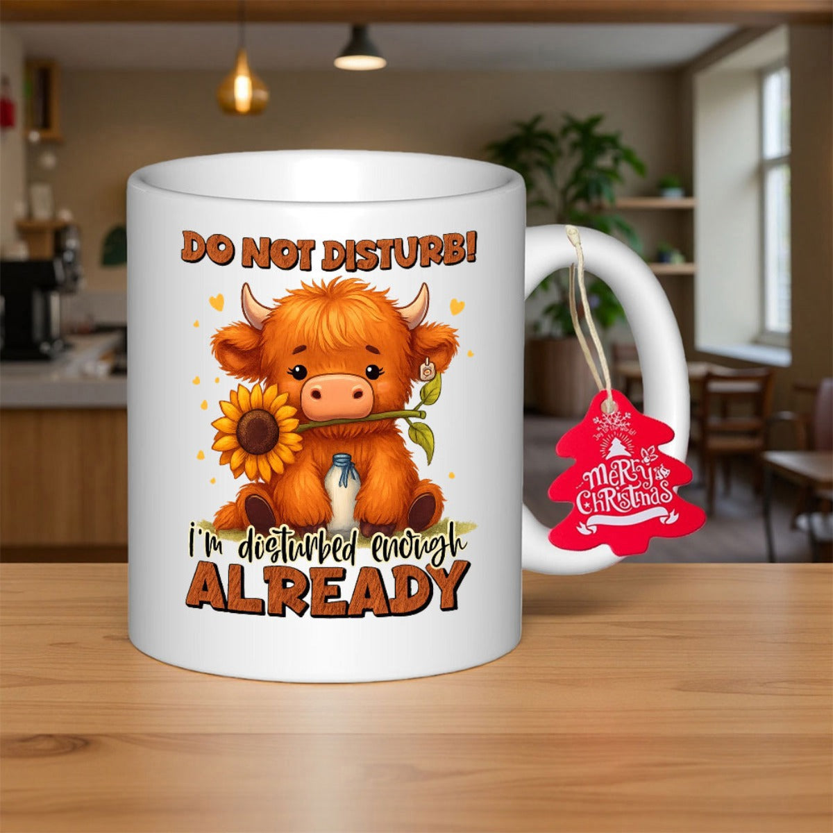 Tailorly White Ceramic 11 oz Mug - Do Not Disturb Im Disturbed Enough Already Adorable Fluffy Highland Cow Holding A Bright Sunflower Under Tiny Yellow Hearts Cow