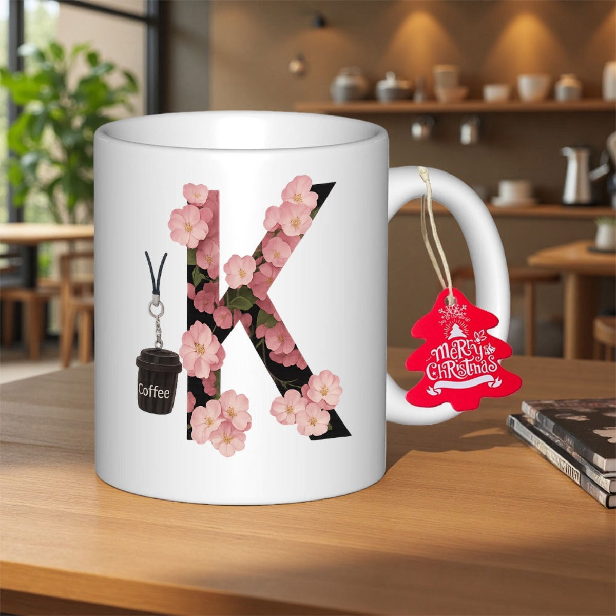Tailorly White Ceramic 11 oz Mug - Coffee Merry Christmas Blooming Pink Cherry Blossoms Inside A Bold Black Silhouette Letter K
