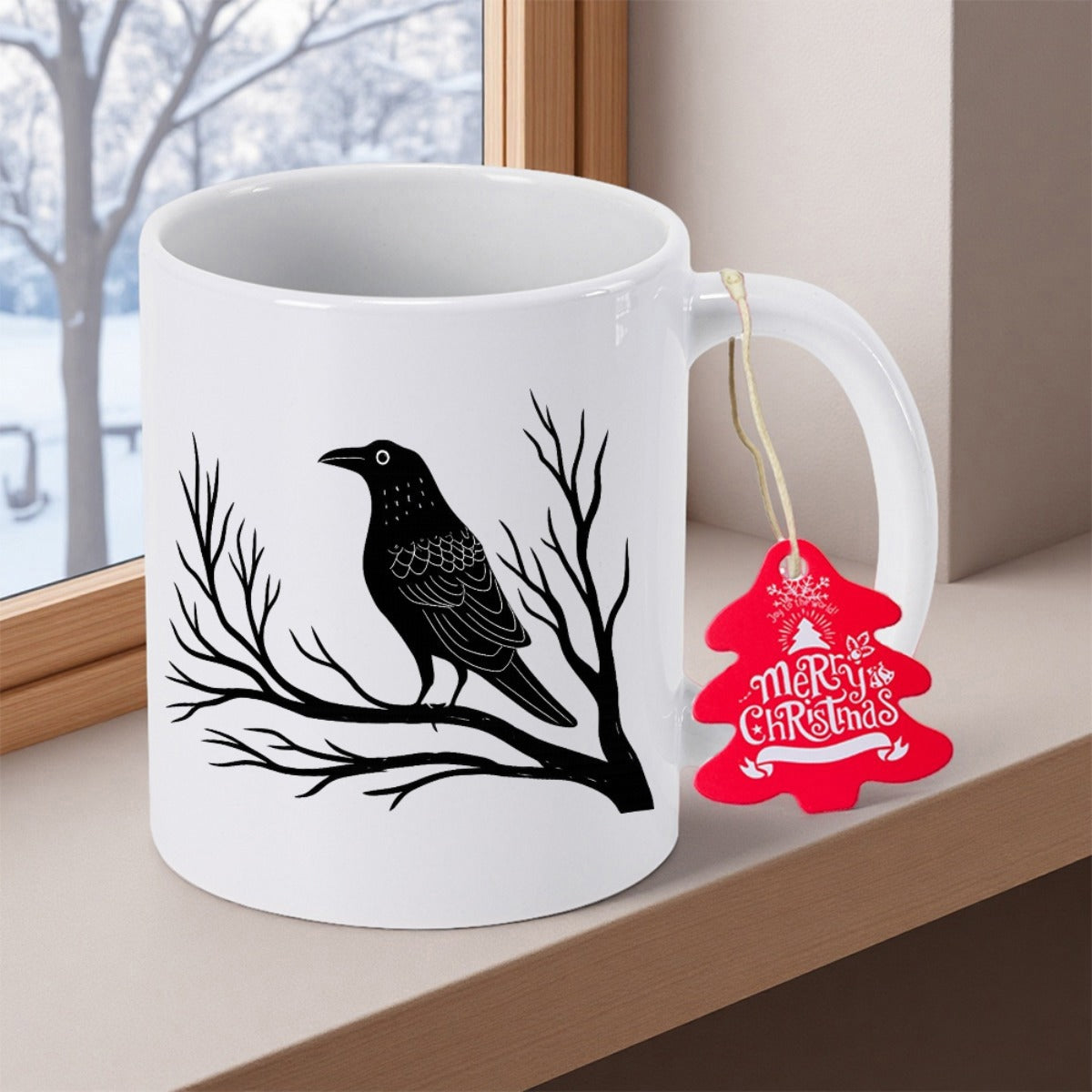 Tailorly White Ceramic 11 oz Mug - Merry Christmas Elegant Raven Perched On Stark Winter Branches Against Minimalist White Background Raven