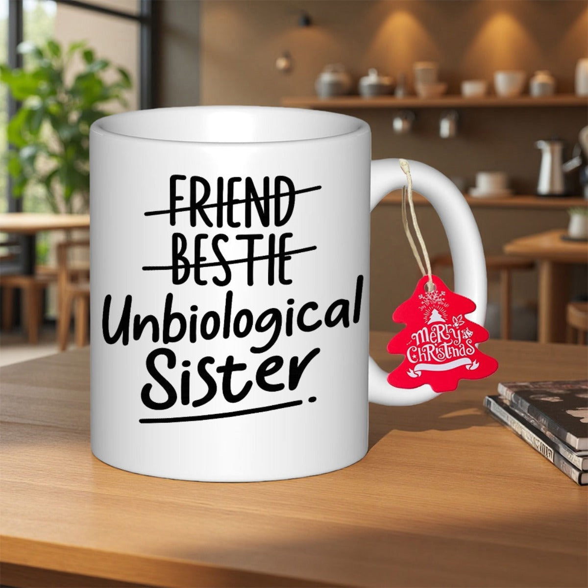 Tailorly White Ceramic 11 oz Mug - Friend Bestie Unbiological Sister Minimalist Bold Hand Written Black Text On Smooth