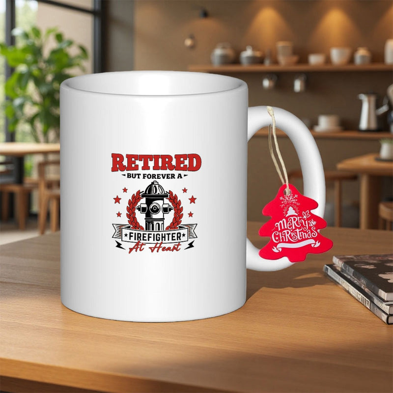 Tailorly White Ceramic 11 oz Mug - Retired But Forever A Firefighter At Heart Vintage Hydrant Emblem Framed By Laurel Wreaths And Red Decorative Stars Fire Hydrant