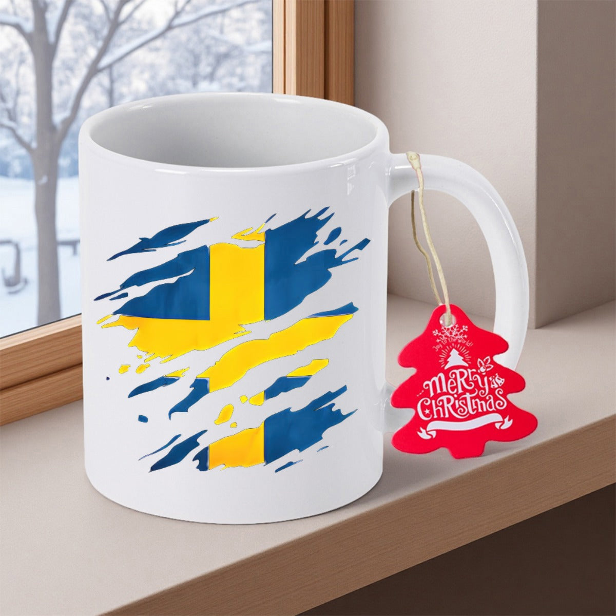 Tailorly White Ceramic 11 oz Mug - Merry Christmas Ripped Effect High Contrast Swedish National Flag Pattern Flag