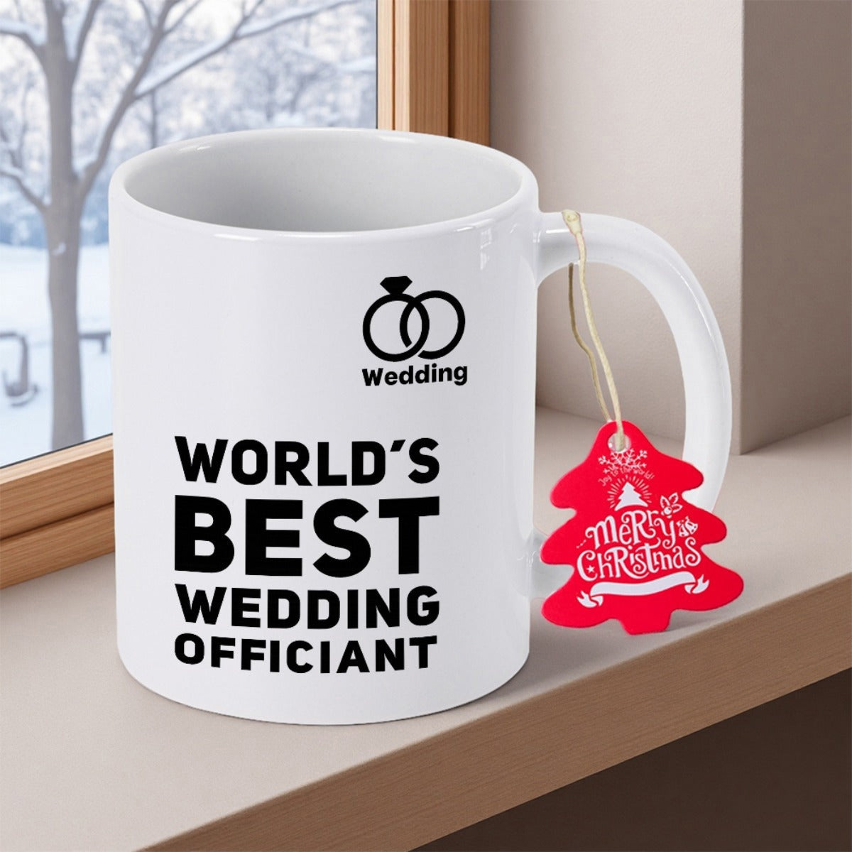 Tailorly White Ceramic 11 oz Mug - Worlds Best Wedding Officiant Minimalist White Ceramic Vessel Featuring Black Lettering And Interlocking Rings Mug