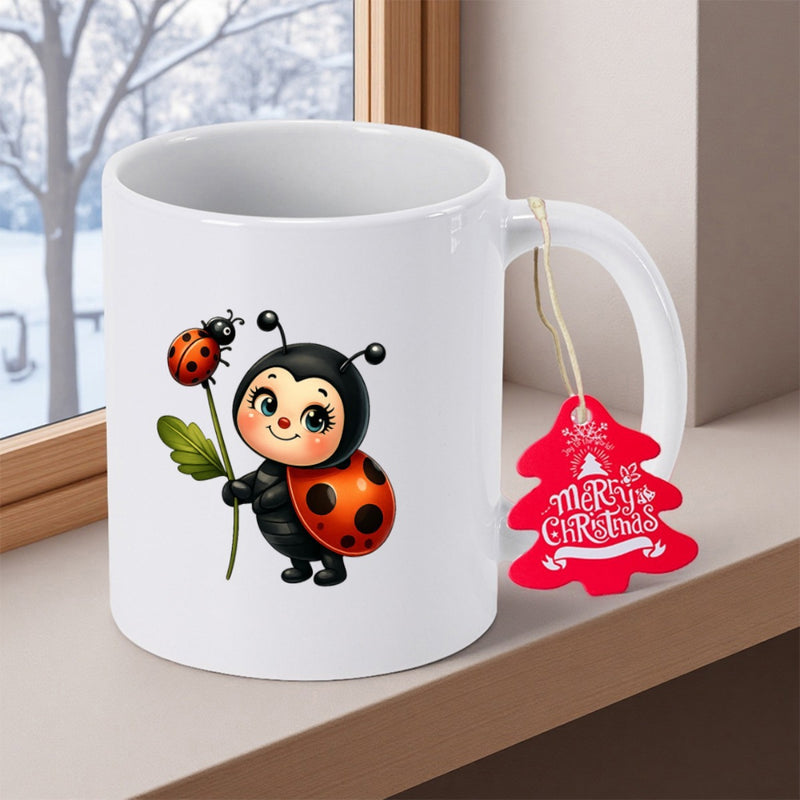 Tailorly White Ceramic 11 oz Mug - Adorable Tiny Red Spotted Creature Holding A Green Leaf Cartoon Ladybug
