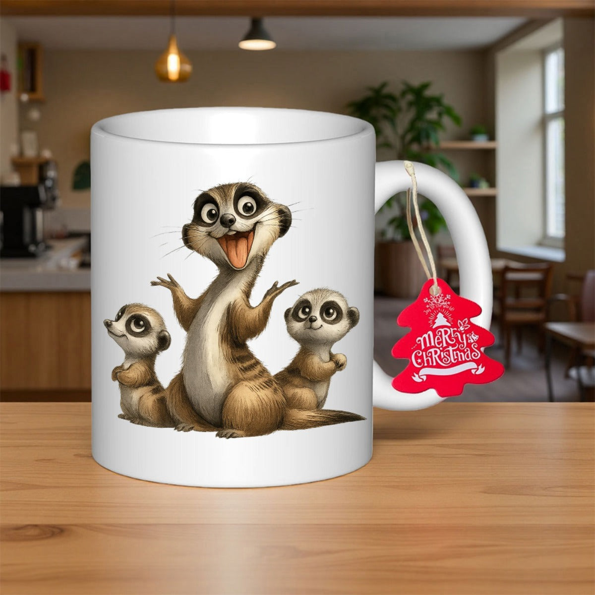 Tailorly White Ceramic 11 oz Mug - Merry Christmas Three Adorable Animated Meerkats Standing Together With Happy Expressive Faces Meerkat