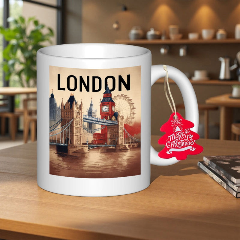 Tailorly White Ceramic 11 oz Mug - London Vintage Artistic City Scene Featuring Tower Bridge And Big Ben Landmarks