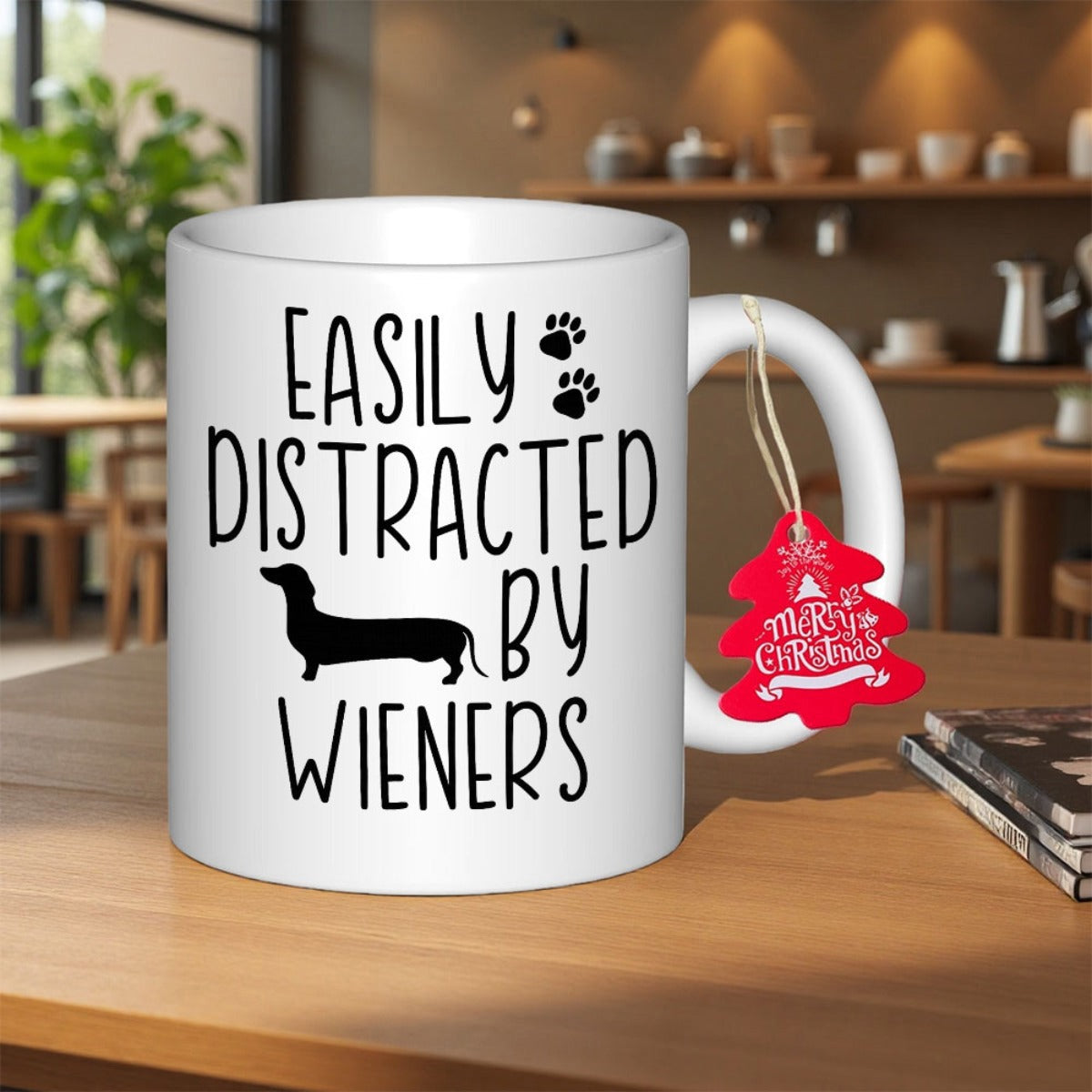 Tailorly White Ceramic 11 oz Mug - Easily Distracted By Wieners Sleek Black Wiener Dog Silhouette With Little Paw Prints Dachshund