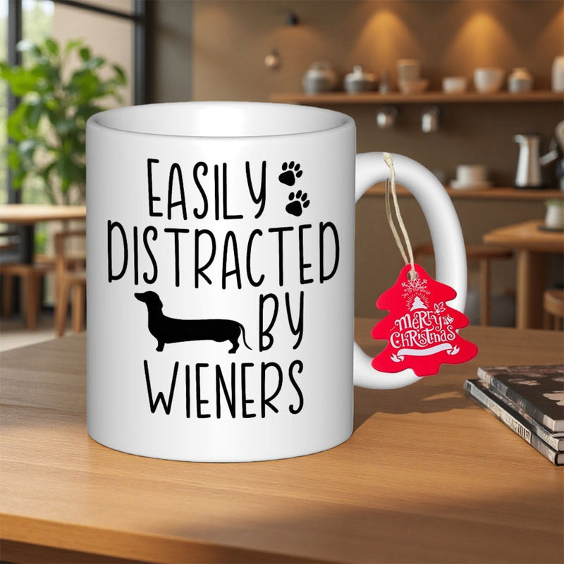 Tailorly White Ceramic 11 oz Mug - Easily Distracted By Wieners Sleek Black Wiener Dog Silhouette With Little Paw Prints Dachshund