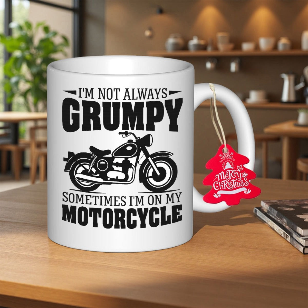 Tailorly White Ceramic 11 oz Mug - Im Not Always Grumpy Sometimes Im On My Motorcycle Classic Vintage Black Silhouette Positioned Among Bold Themed Decorative