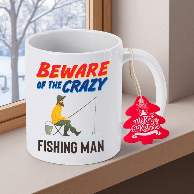 Tailorly White Ceramic 11 oz Mug - Beware Of The Crazy Fishing Man Patient Bearded Man Wearing Yellow Jacket While Holding Fishing Rod Fisherman