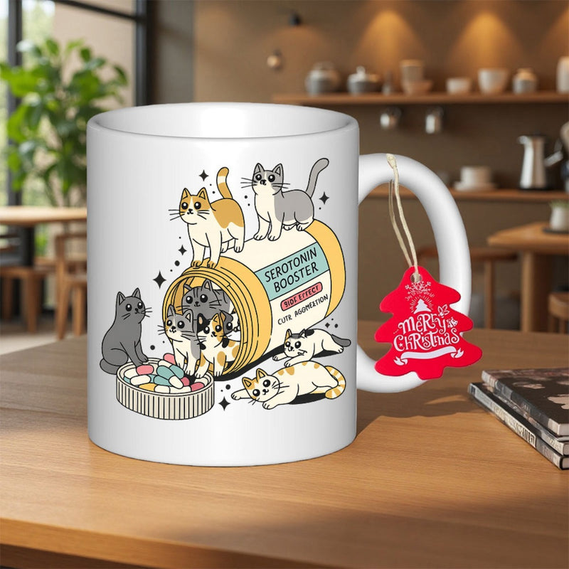 Tailorly White Ceramic 11 oz Mug - Merry Christmas Serotonin Booster Cattonin For Cat Lovers Playful Cartoon Kittens Spilling Out Of A Bright Yellow Medicine
