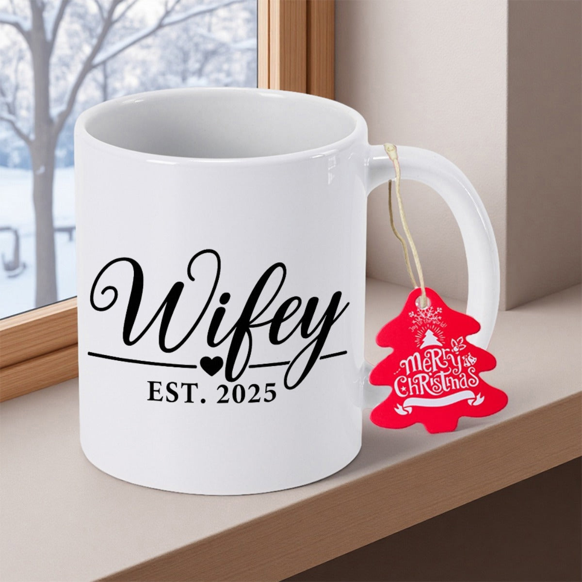 Tailorly White Ceramic 11 oz Mug - Wifey EST 2025 Minimalist Featuring Elegant Black Script Small Heart Mug