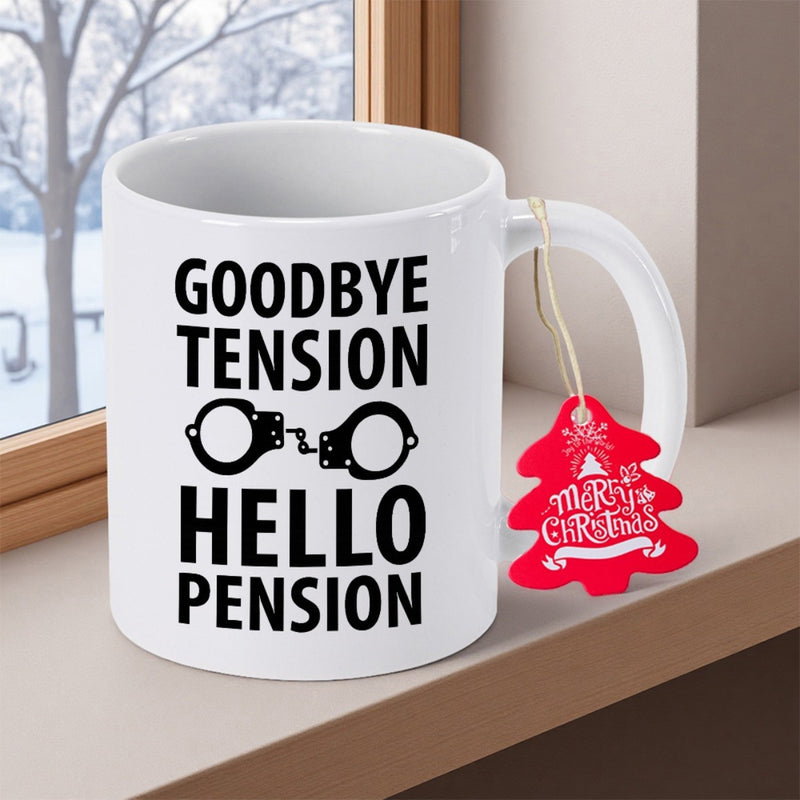 Tailorly White Ceramic 11 oz Mug - Goodbye Tension Hello Pension Simple Black Line Art Illustration Of Metallic Handcuffs Symbolic Of Freedom Handcuffs