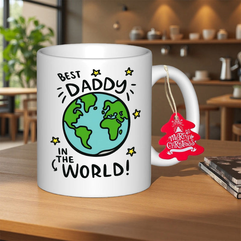 Tailorly White Ceramic 11 oz Mug - Best Daddy In The World Hand Drawn Earth Globe Surrounded By Twinkling Small Yellow Stars Globe