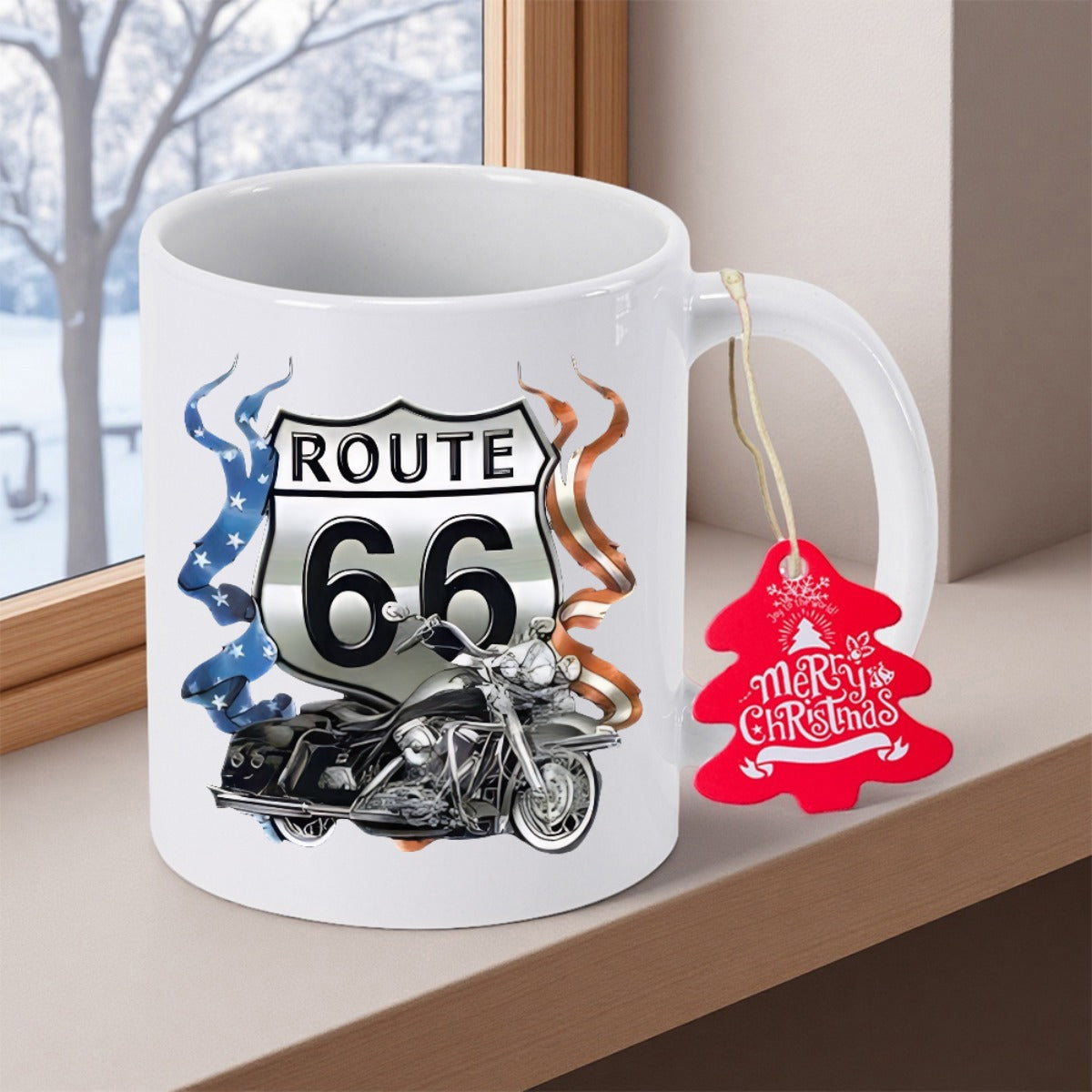 Tailorly White Ceramic 11 oz Mug - Route 66 Polished Highway Shield Symbol Flanked By Patriotic Stars And Stripes Motorcycle