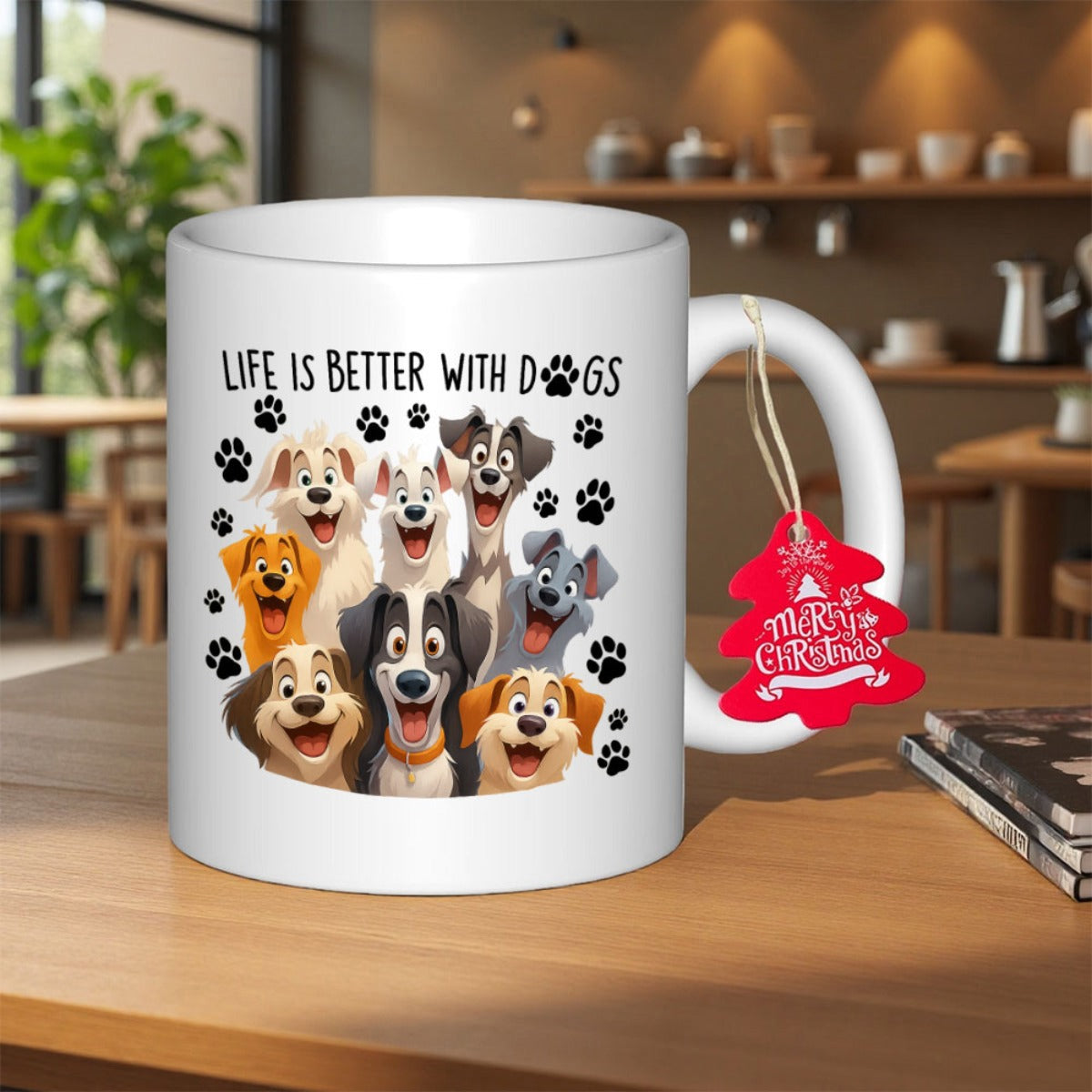 Tailorly White Ceramic 11 oz Mug - Life Is Better With Dogs Various Cute Cartoon Puppies Grouped Together Surrounded By Little Black Paw Prints Dogs