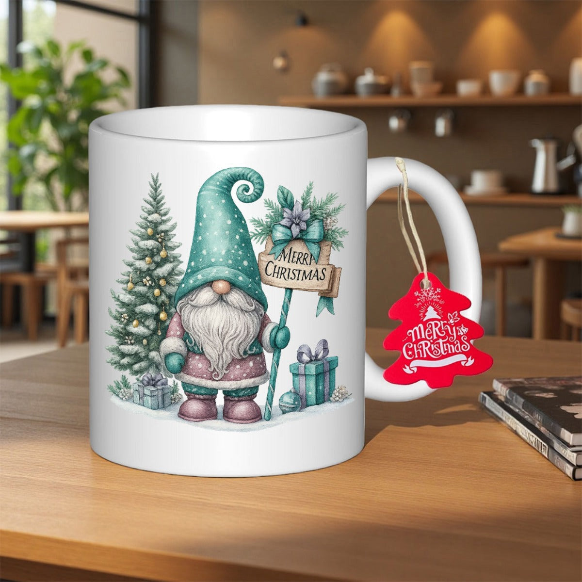 Tailorly White Ceramic 11 oz Mug - Merry Christmas Adorable Festive Teal Gnome Standing Beside A Snowy Winter Pine Tree Gnome