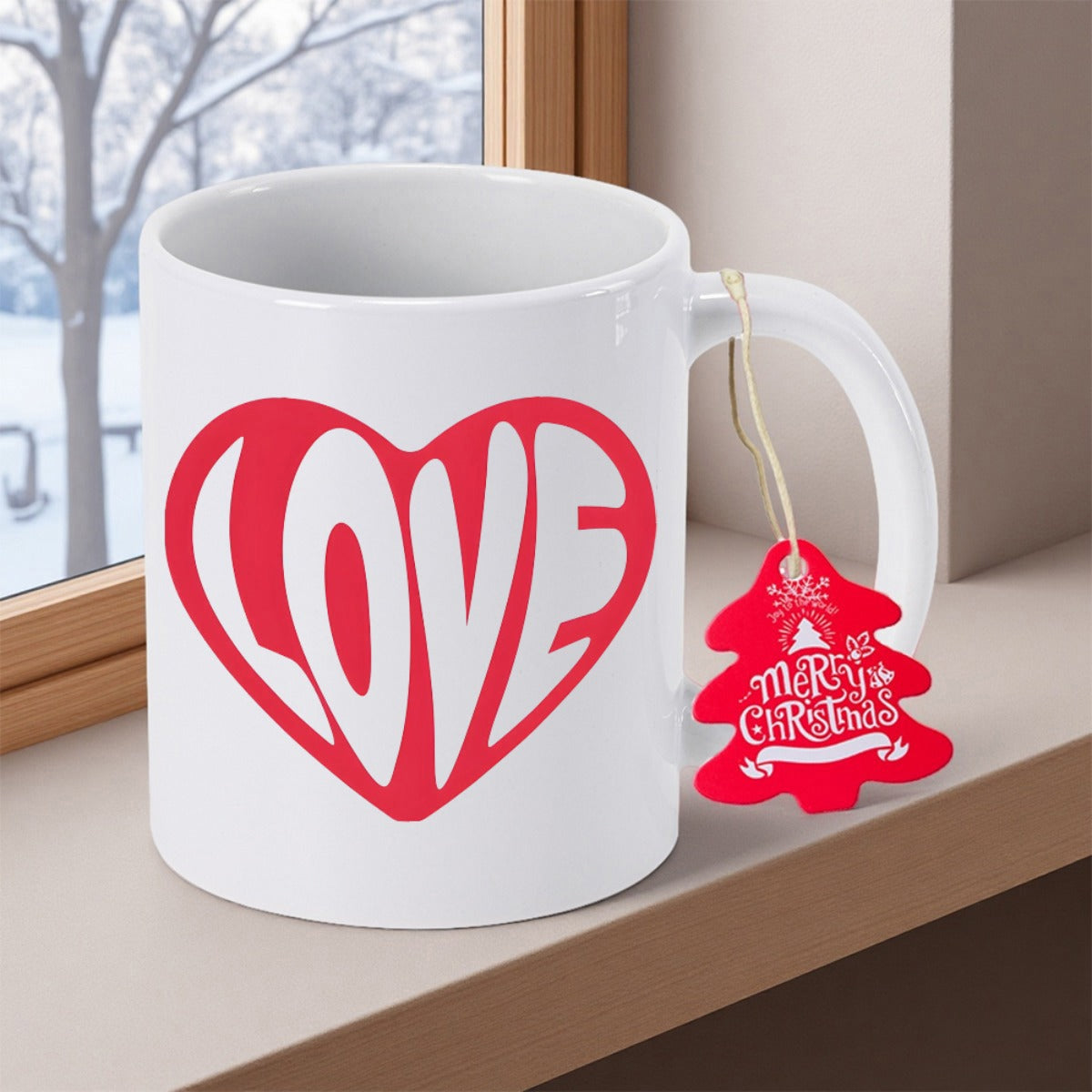 Tailorly White Ceramic 11 oz Mug - Love Stylized Bold Red Heart With Artistic Lettering Nestled Inside Its Center Heart