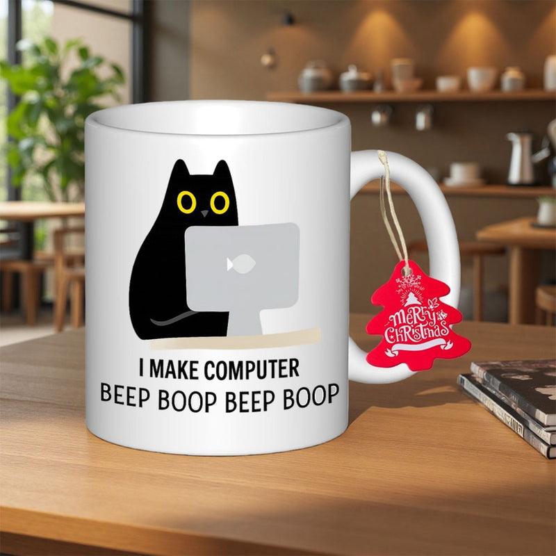 Tailorly White Ceramic 11 oz Mug - I Make Computer Beep Boop Beep Boop Minimalist Silhouette Sitting Behind Monitor With Curious Wide Yellow Eyes Cat