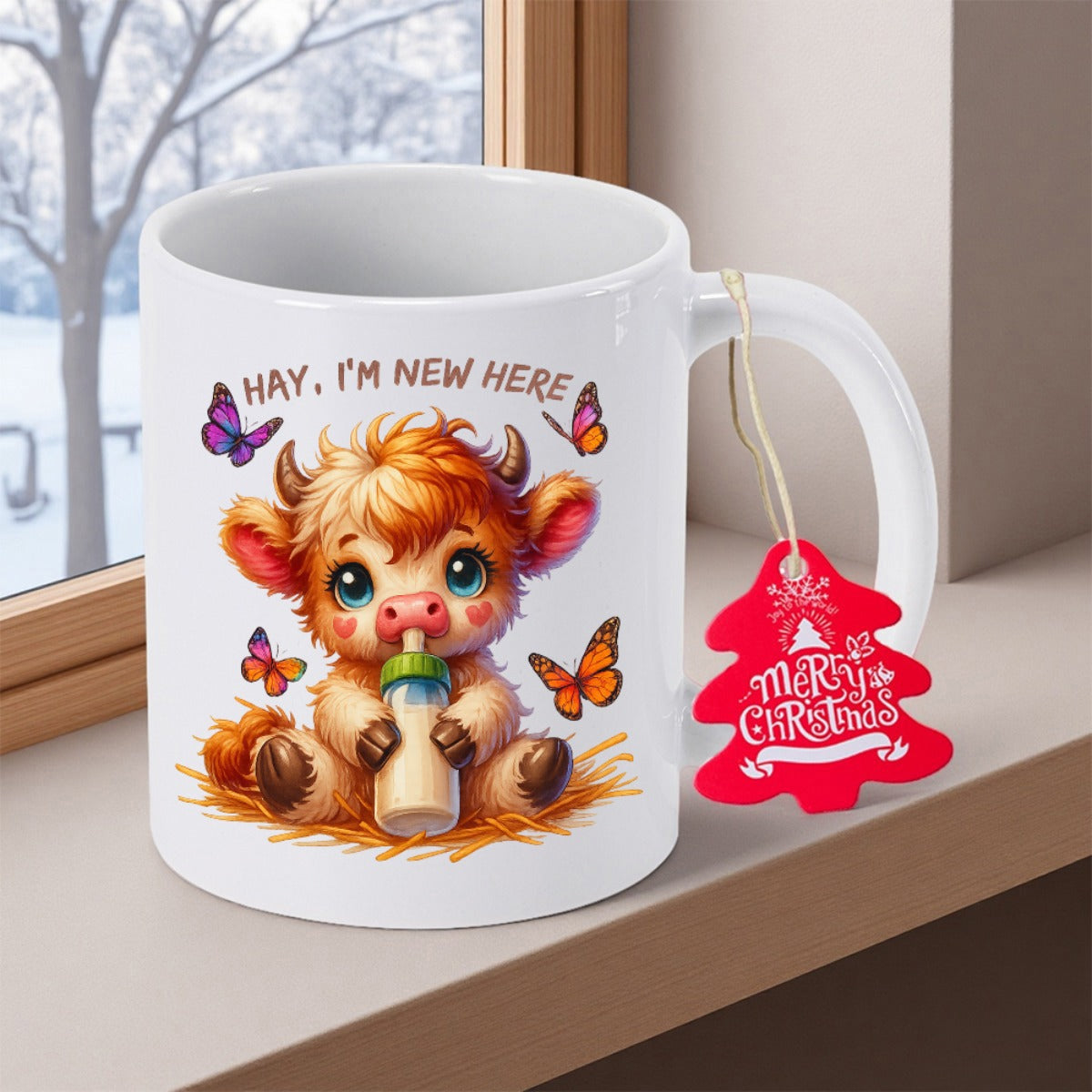 Tailorly White Ceramic 11 oz Mug - Hay I'm New Here Adorable Baby Highland Cow Holding Milk Bottle Surrounded By Colorful Butterflies Cow