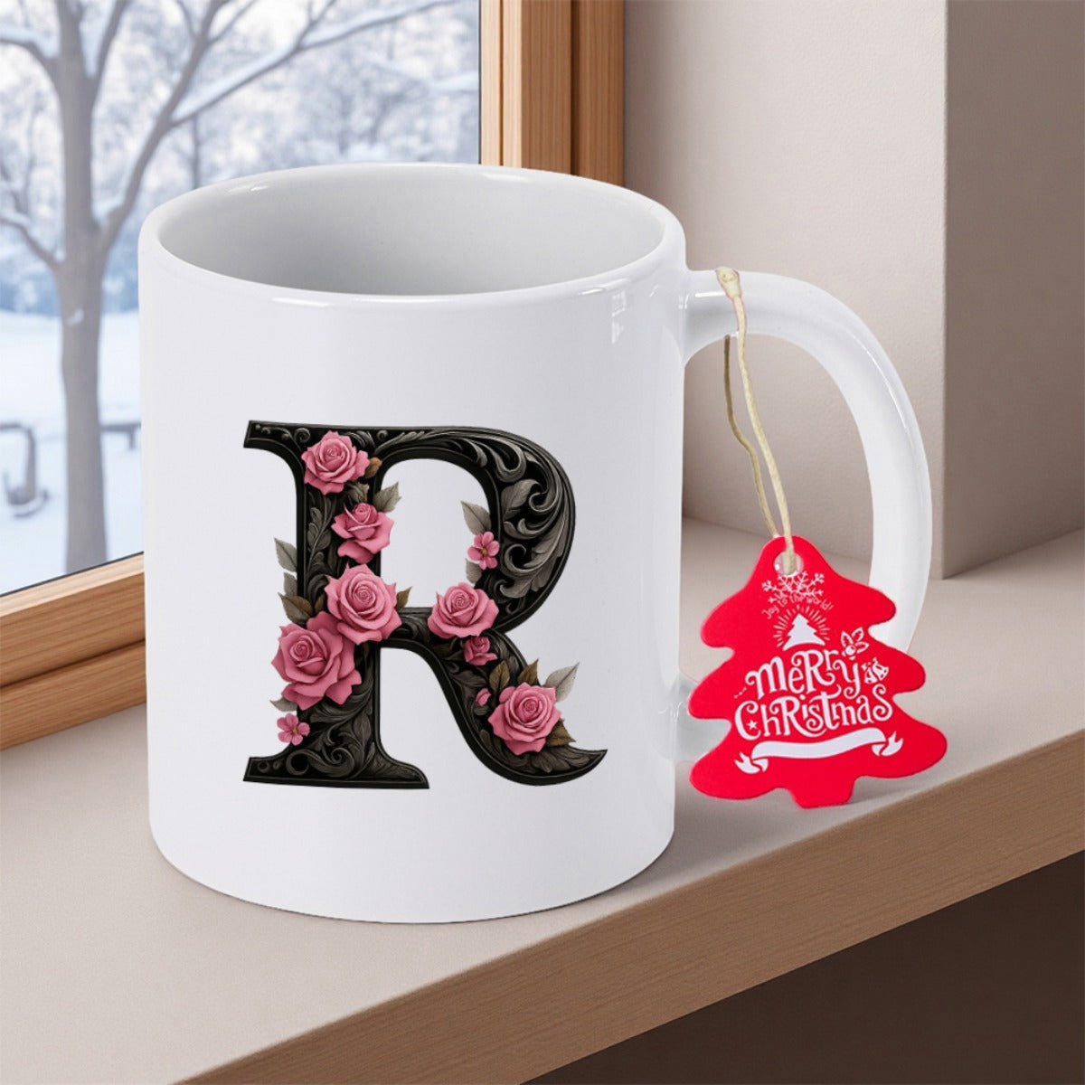 Tailorly White Ceramic 11 oz Mug - Merry Christmas Elegant Black Monogram Decorated With Pink Blooming Roses And Vine Letter