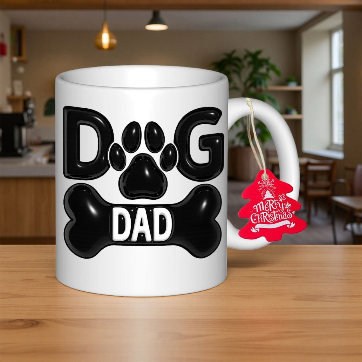 Tailorly White Ceramic 11 oz Mug - Dog Dad Glossy Black Paw Print Resting Above A Large Smooth Silhouette Bone