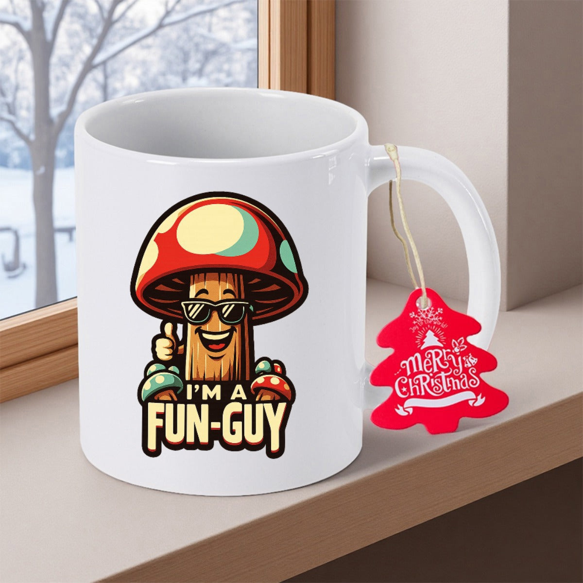 Tailorly White Ceramic 11 oz Mug - Im A Fun Guy Cartoonish Woodland Character Wearing Sunglasses Giving A Cool Thumbs Up Mushroom