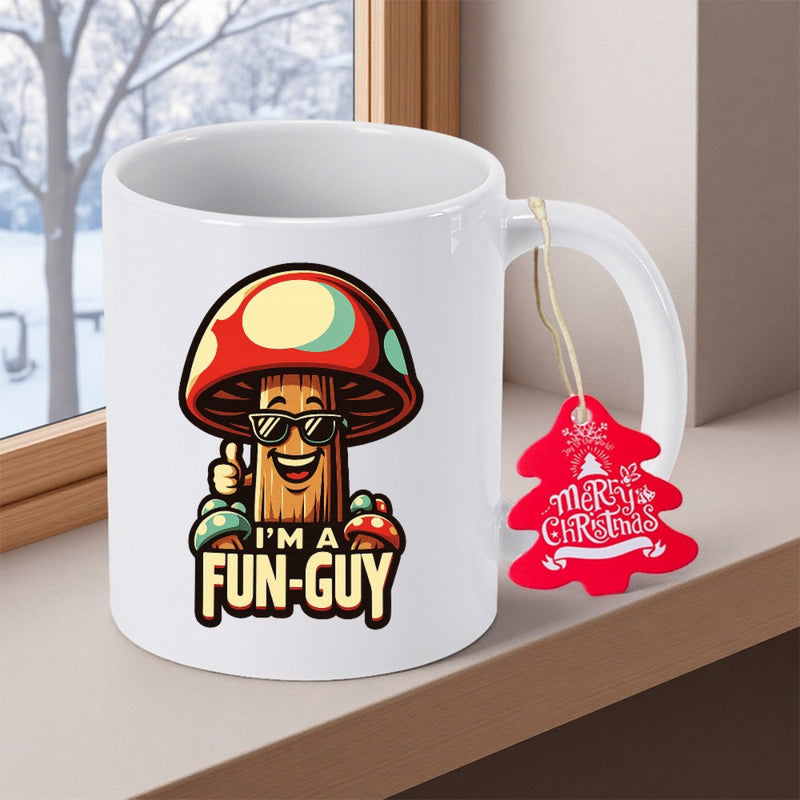 Tailorly White Ceramic 11 oz Mug - Im A Fun Guy Cartoonish Woodland Character Wearing Sunglasses Giving A Cool Thumbs Up Mushroom
