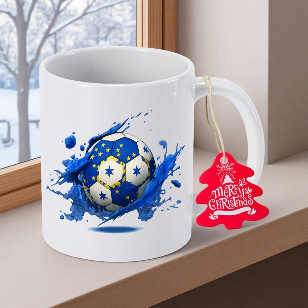 Tailorly White Ceramic 11 oz Mug - Merry Christmas Dynamic Blue Splashing Paint Design With Australian Star Pattern Soccer Ball