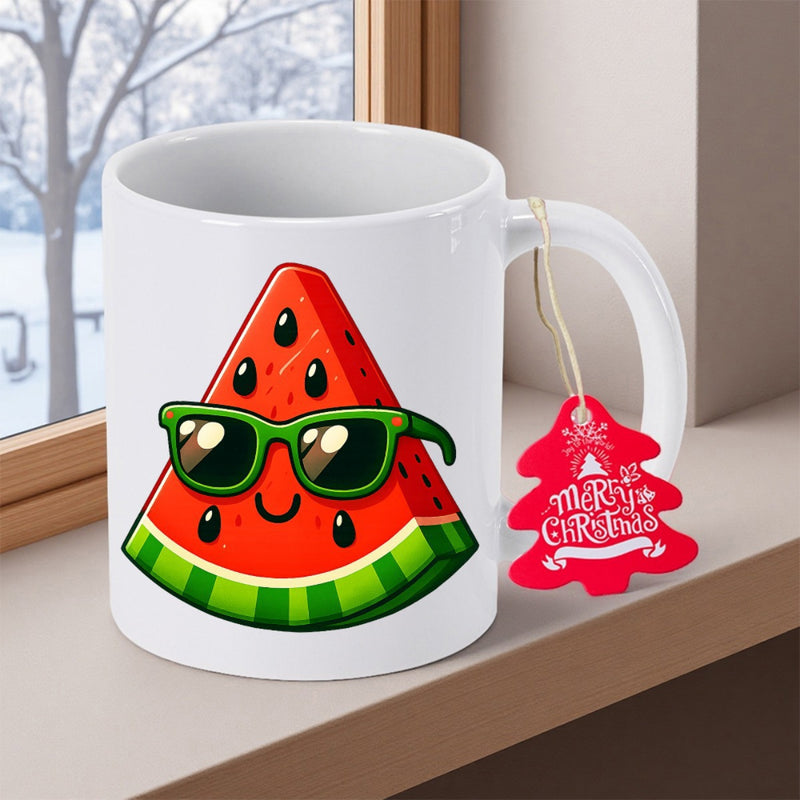 Tailorly White Ceramic 11 oz Mug - Vibrant Summer Slice Wearing Cool Green Sunglasses Under Bright Sunlight Watermelon